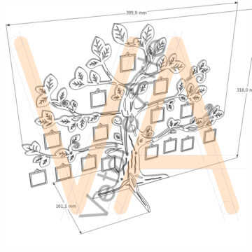 Modelo 3D de uma árvore genealógica decorativa, com galhos curvados e 15 pequenas molduras quadradas penduradas. A peça possui uma base de encaixe em