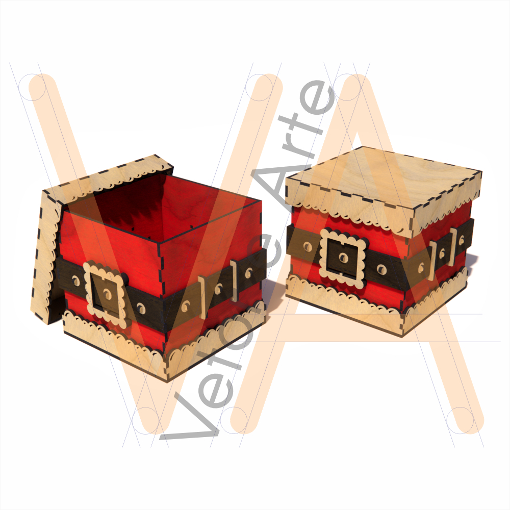 Desenho técnico de caixa cúbica em madeira produzida por corte a laser, apresentando encaixes do tipo dente de serra (finger joints) em todas as arestas. A peça possui tampa de sobrepor com bordas decorativas em formato de ondas e apliques em relevo que simulam um cinto com fivela central. A imagem mostra duas unidades: uma fechada e outra aberta, destacando a profundidade interna e a sobreposição da tampa sobre o corpo da caixa.